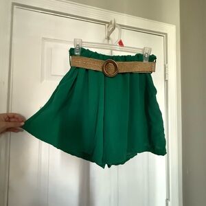 Green High-Waisted Shorts with Gold Belt